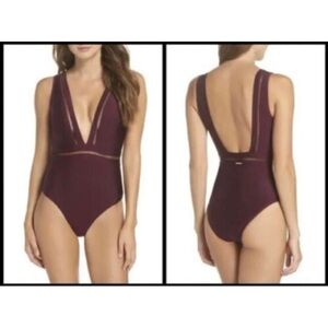 Ted Baker Pointelle Deep V Maroon Swimsuit Sz 6